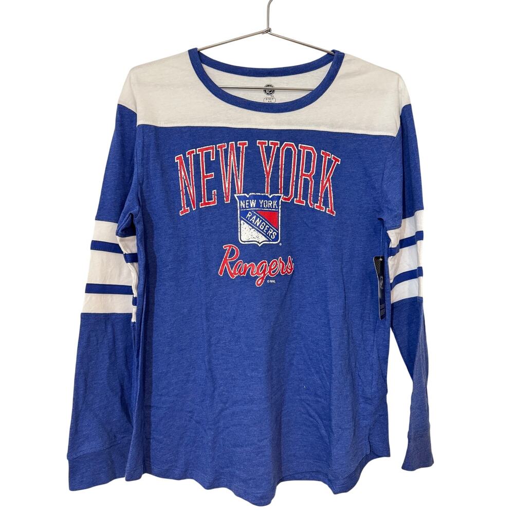 New York Rangers Womens Small Long Sleeve Shirt Blue NHL Graphic Striped Sleeves